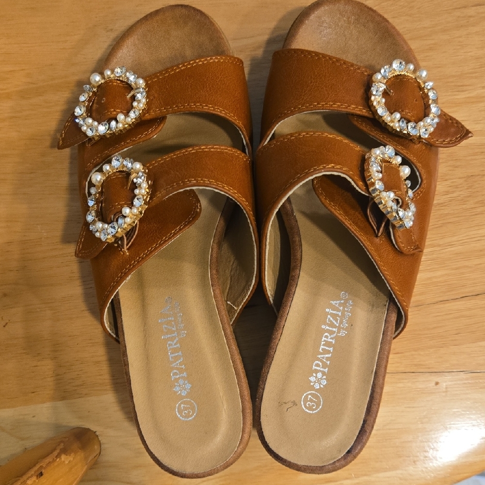 Patrizia Women's Tan Sandals with Embellished Buckles